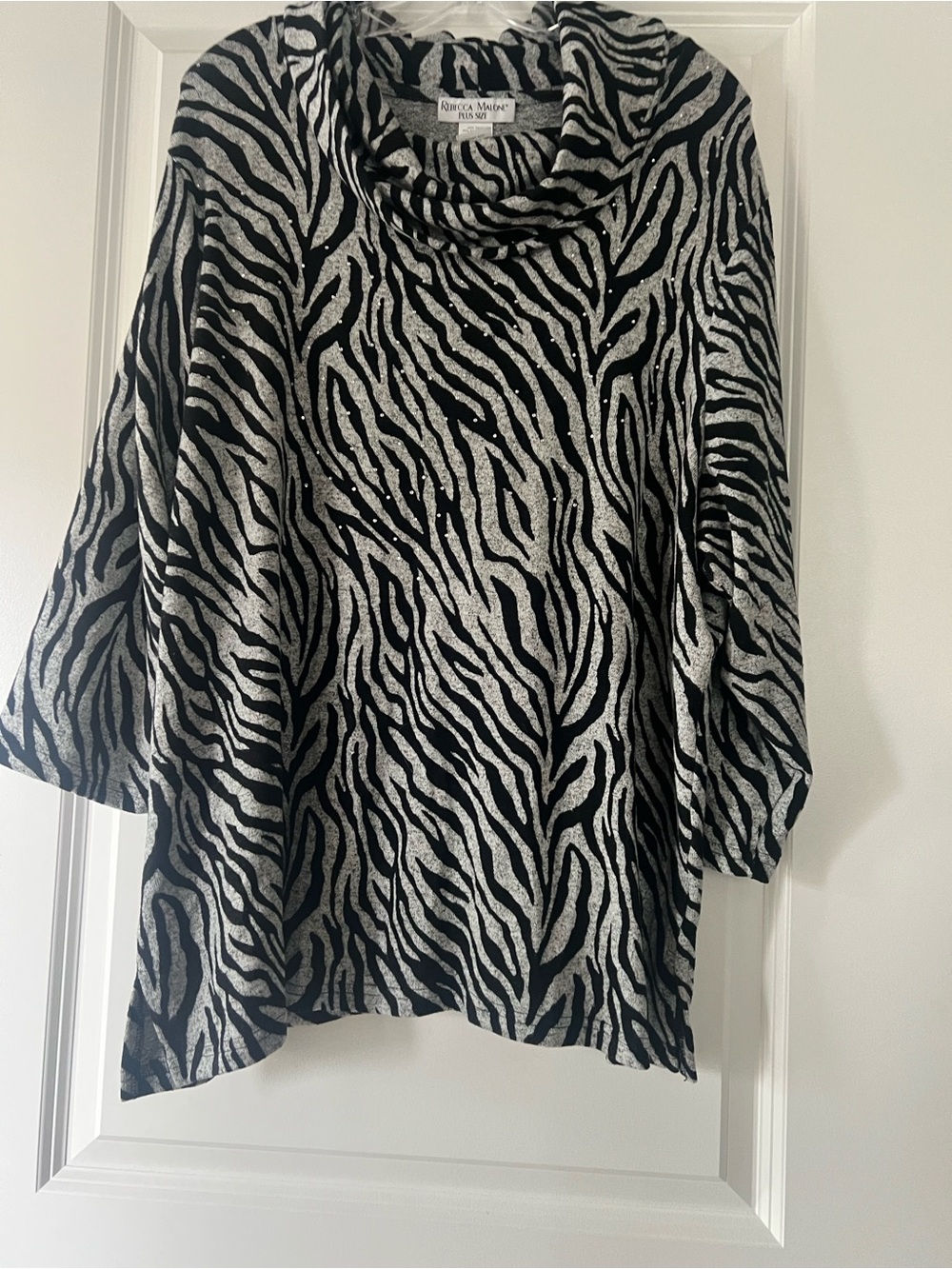 Rebecca Malone Black and Gray Zebra-Print Cowl Neck Tunic with Rhinestone Accent